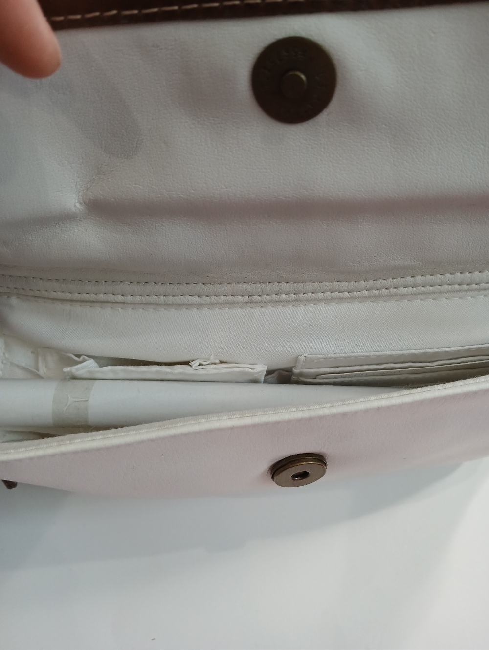 White Shoulder Bag | Strada Handbag | Small Purse | Brown Trim | Classic Style - Picture 5 of 6